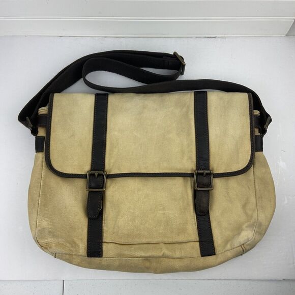 Fossil Estate Heavy Beige Canvas Messenger Laptop Commuter Bag Leather Satchel
